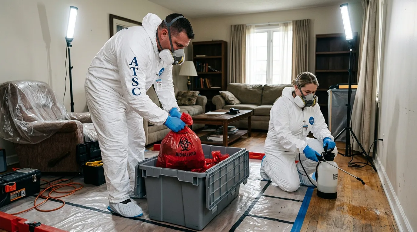 Professional Unattended Death Cleanup technician in full PPE working in Manchester